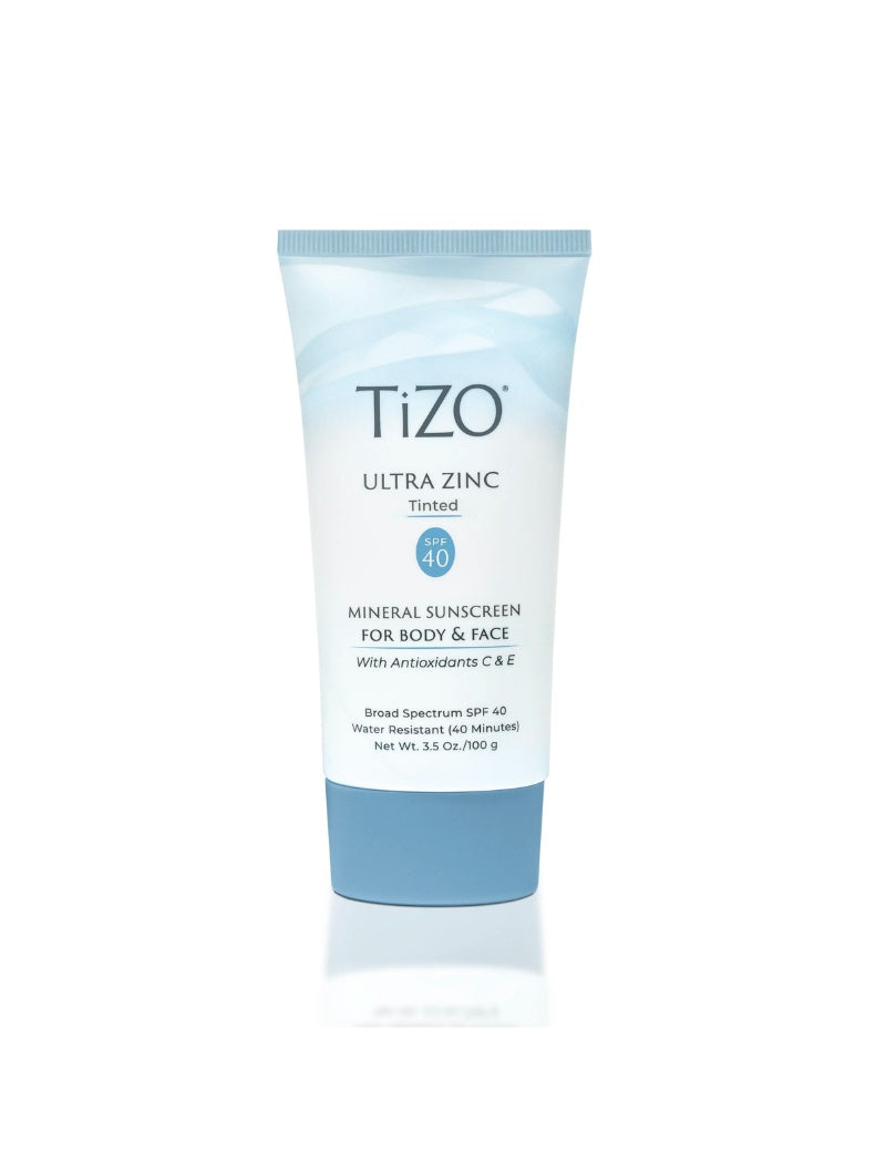 A tube of TiZO Ultra Zinc Body & Face Sunscreen with a blue label, indicating it is a mineral sunscreen with an SPF of 40.