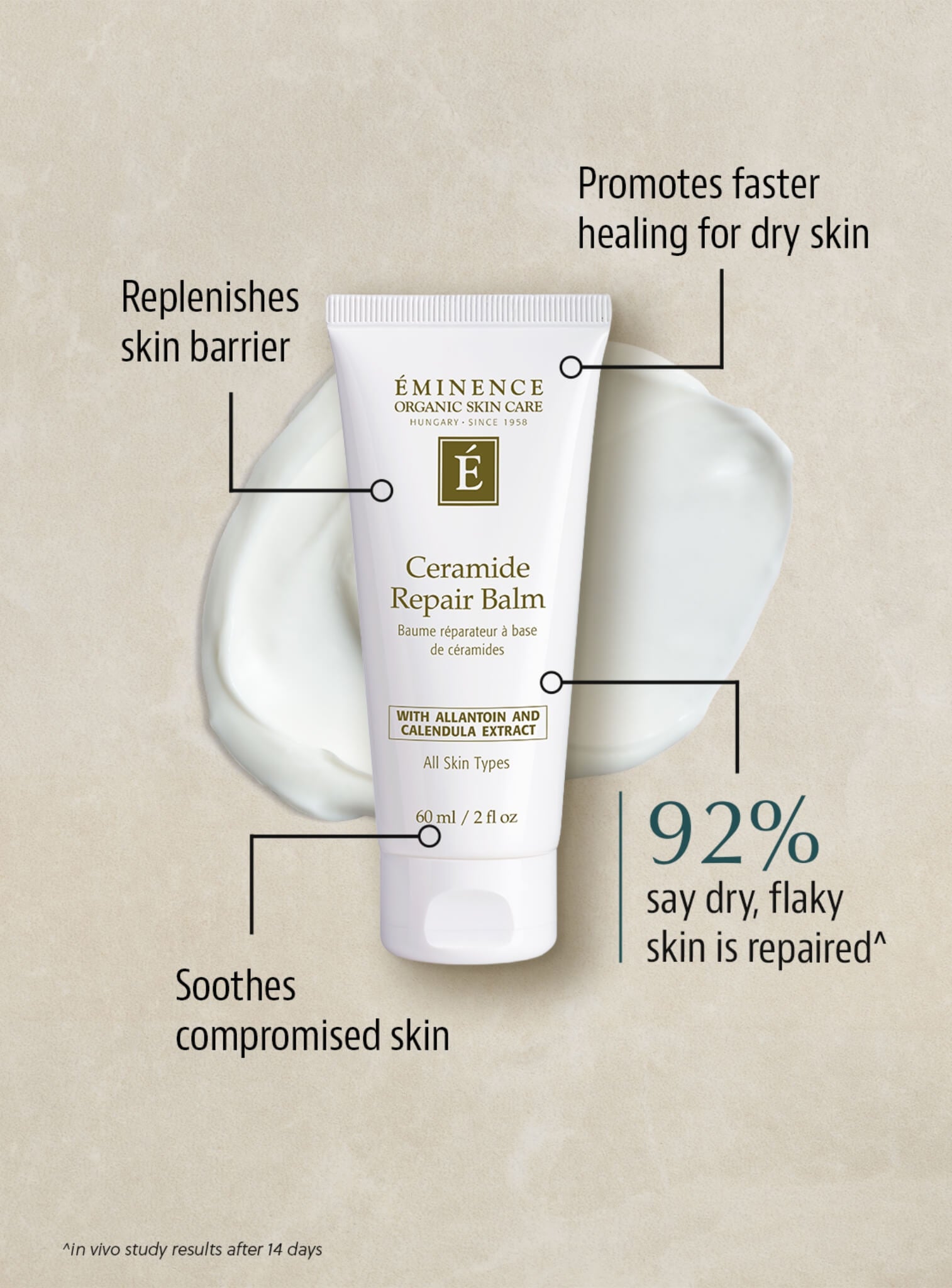 Eminence Ceramide Repair Balm with text highlighting benefits on a beige background