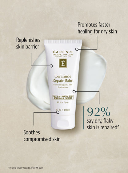 Eminence Ceramide Repair Balm with text highlighting benefits on a beige background