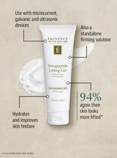 Tube of Eminence Organic Skin Care Tetrapeptide Lifting Gel with text highlighting features on a beige background
