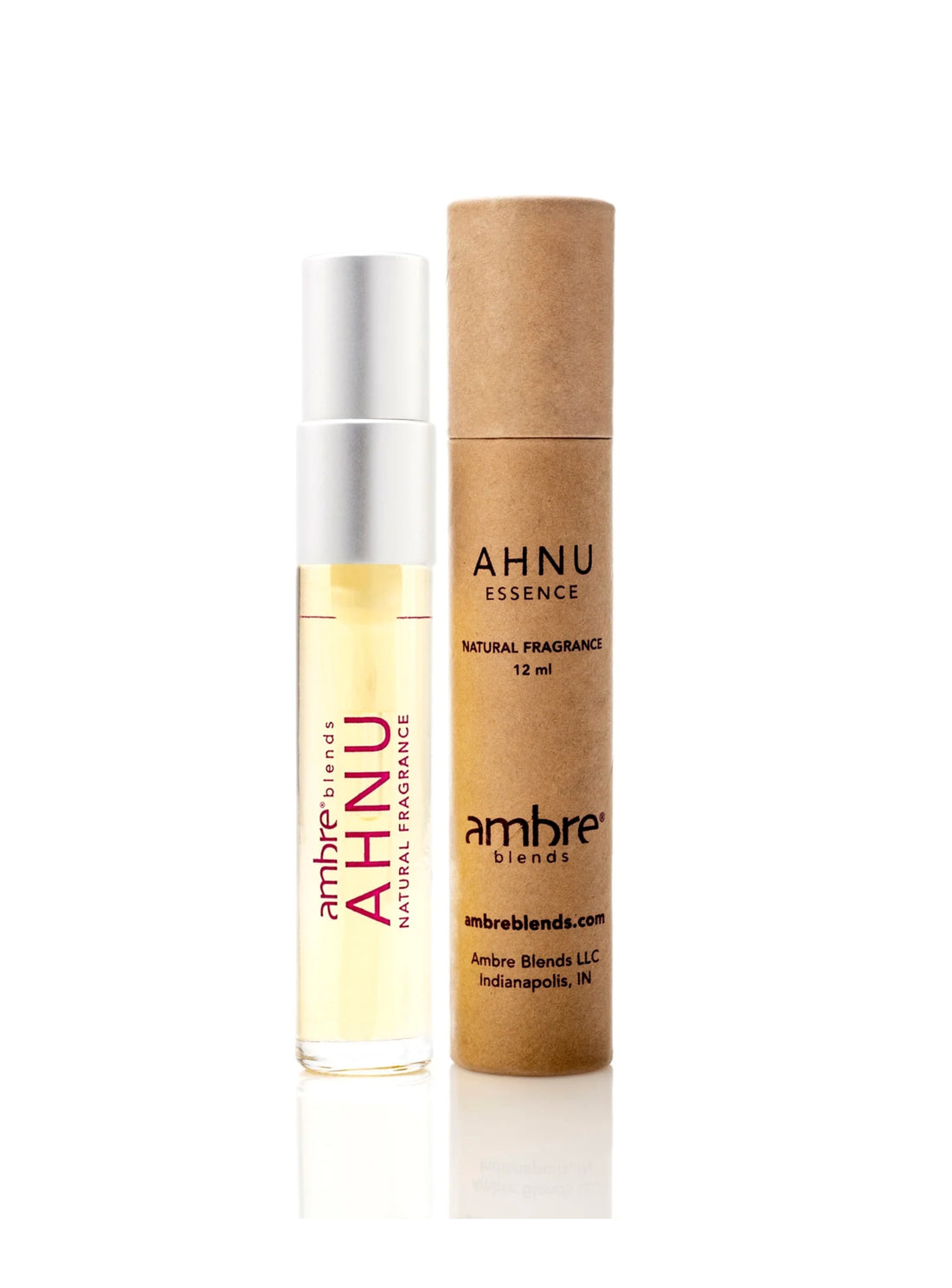 AHNU natural fragrance bottle and cardboard tube on a white background