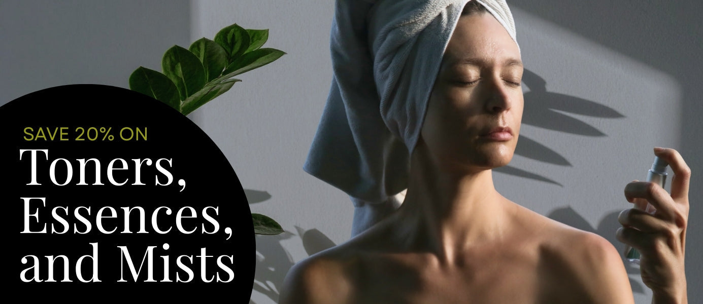 Woman applying skincare product with promotional text for toners, essences, and mists.